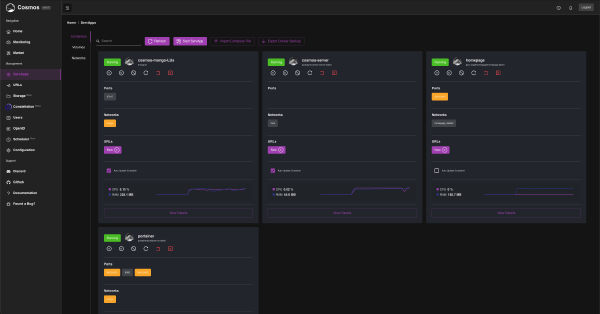 A tiny view of the Cosmos dashboard. The default color scheme reminds me of Mardi Gras.